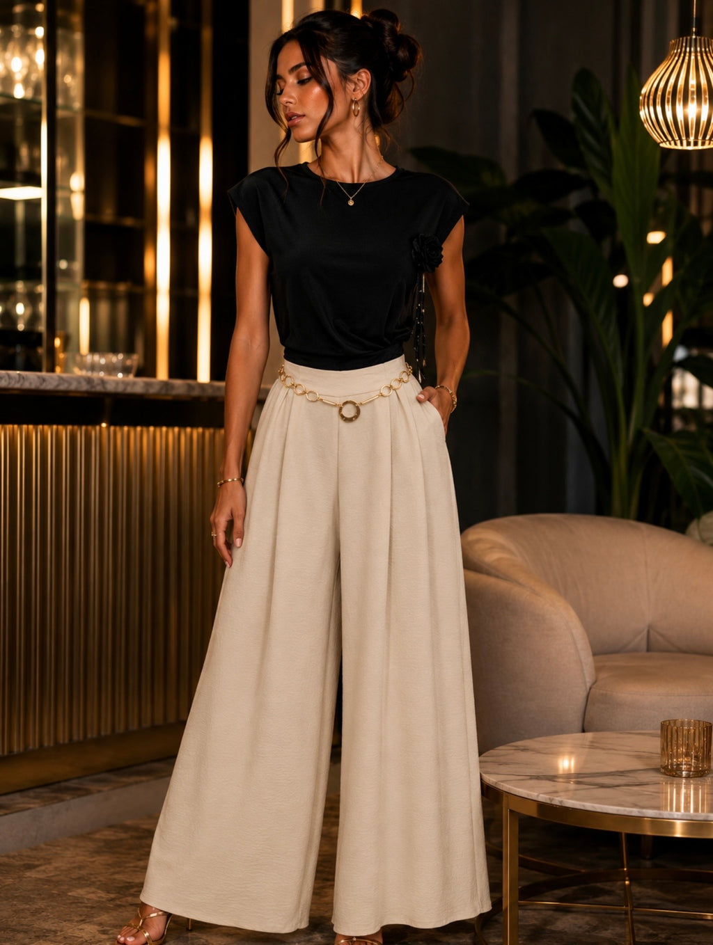 CRISSCROSS  FLOWER WAIST SLEEVELESS COTTON TOP IN BLACK