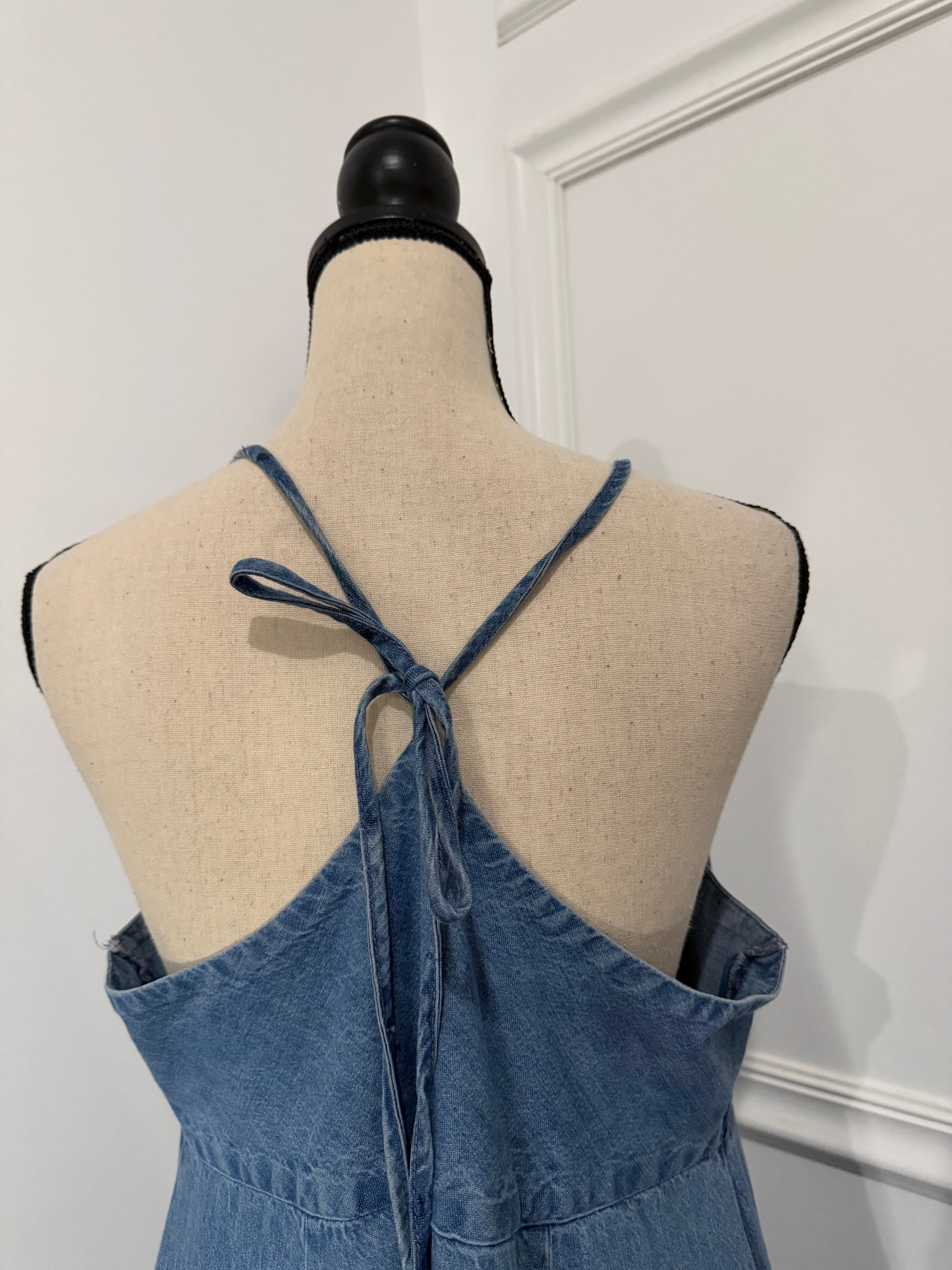 Free People Denim Tie-Front Maxi Dress Blue Size XL -Preloved(New No Tag )