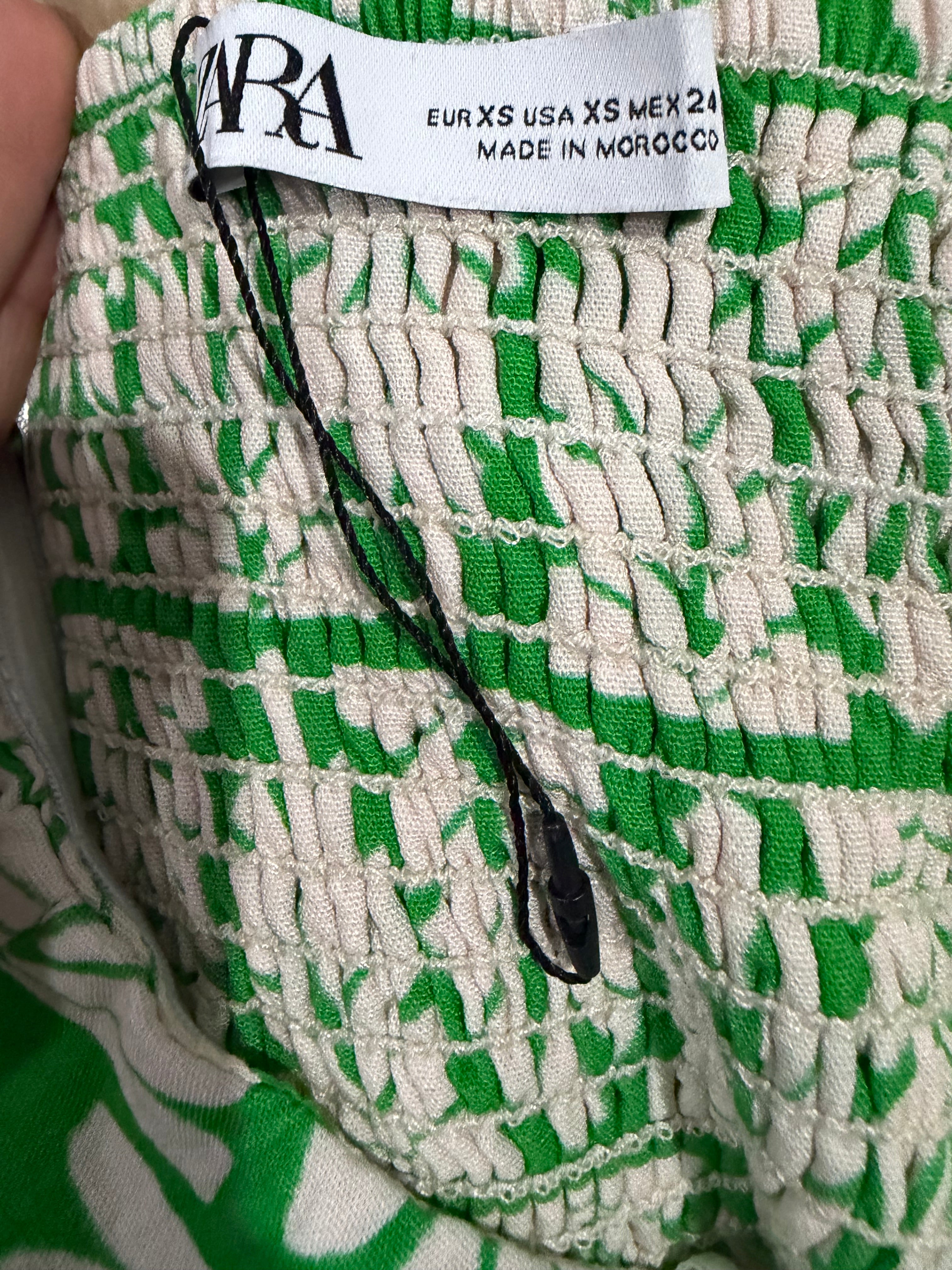 ZARA Green Tropical Print Maxi Dress with Side Slit – Size XS