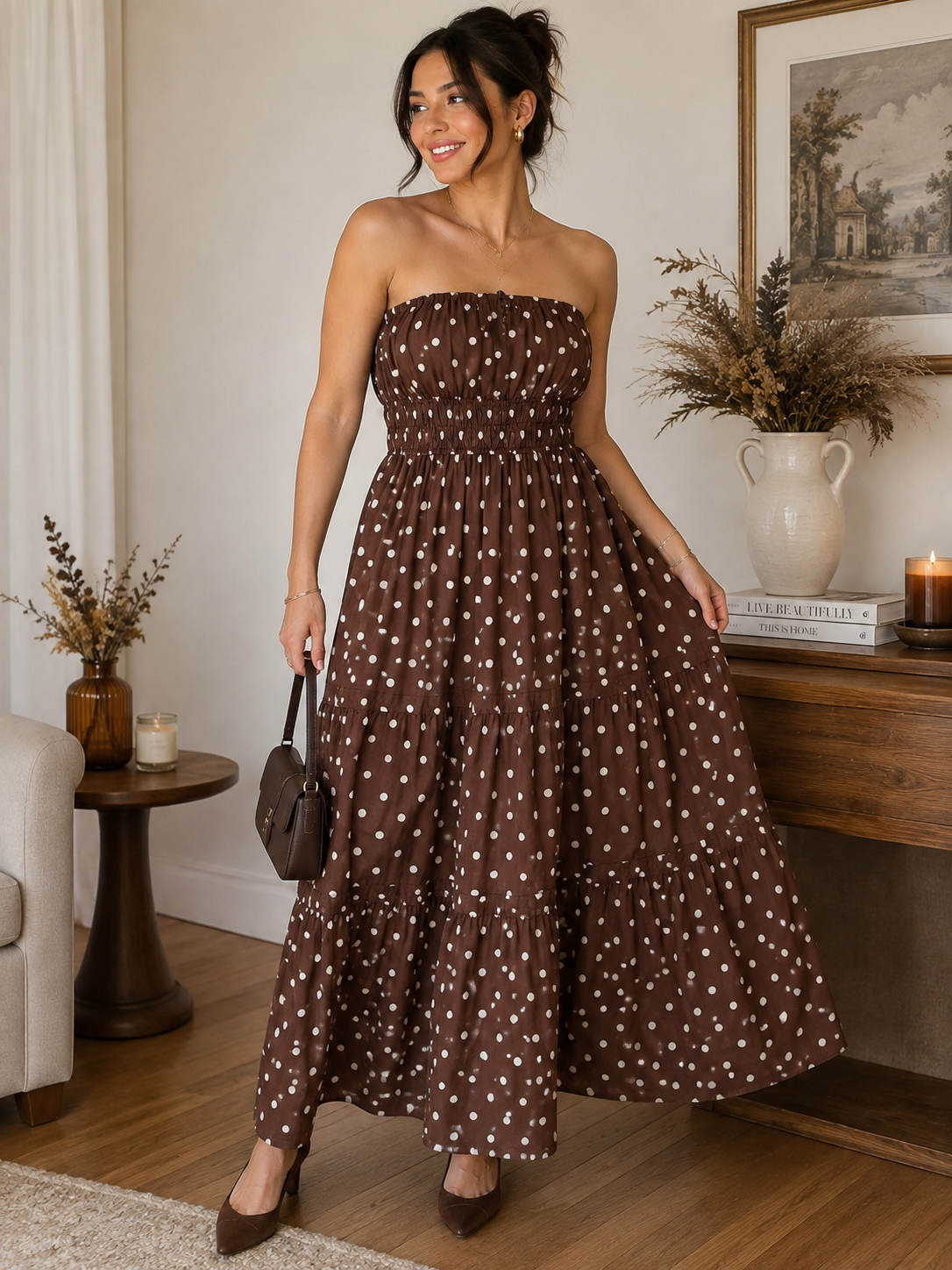 Brown Polka Dot Strapless Maxi Dress – Size XL