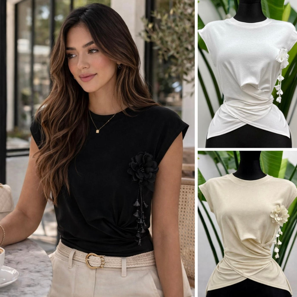 CRISSCROSS  FLOWER WAIST SLEEVELESS COTTON TOP IN BLACK