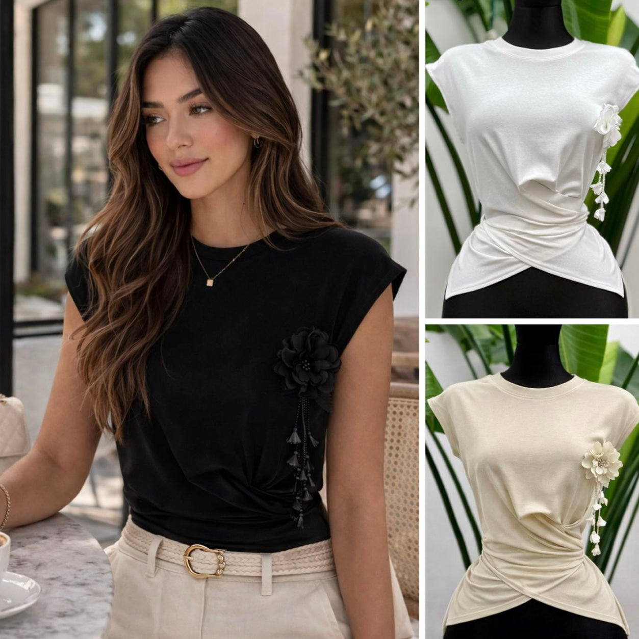 CRISSCROSS  FLOWER WAIST SLEEVELESS COTTON TOP IN BLACK