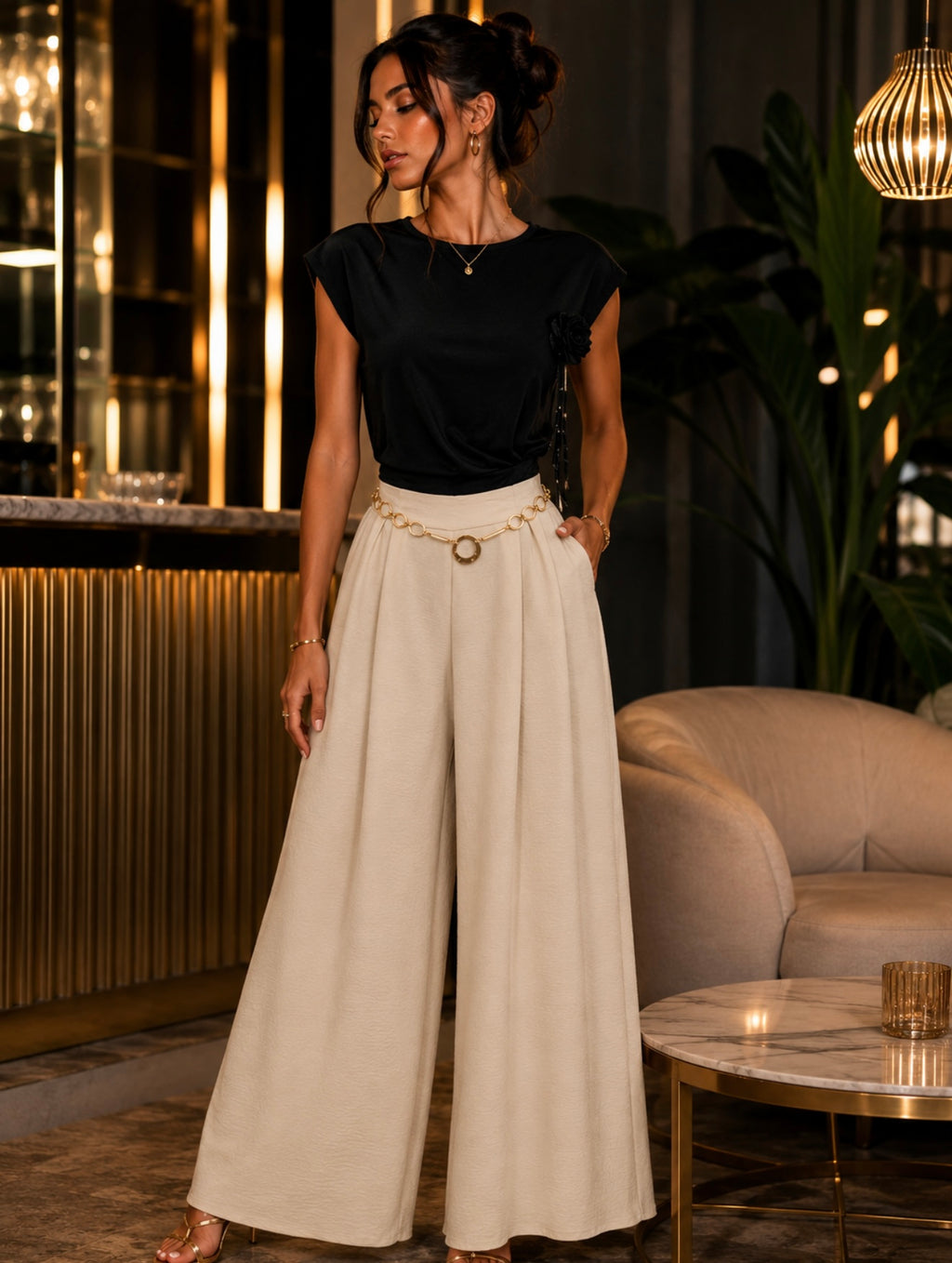 Wide Leg Linen Pant - Natural Beige (Waist with elastic)removable belt