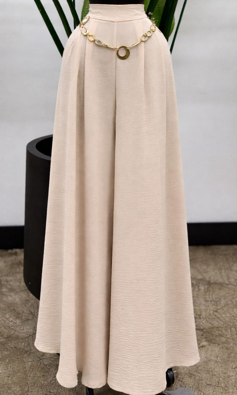 Wide Leg Linen Pant - Natural Beige (Waist with elastic)removable belt